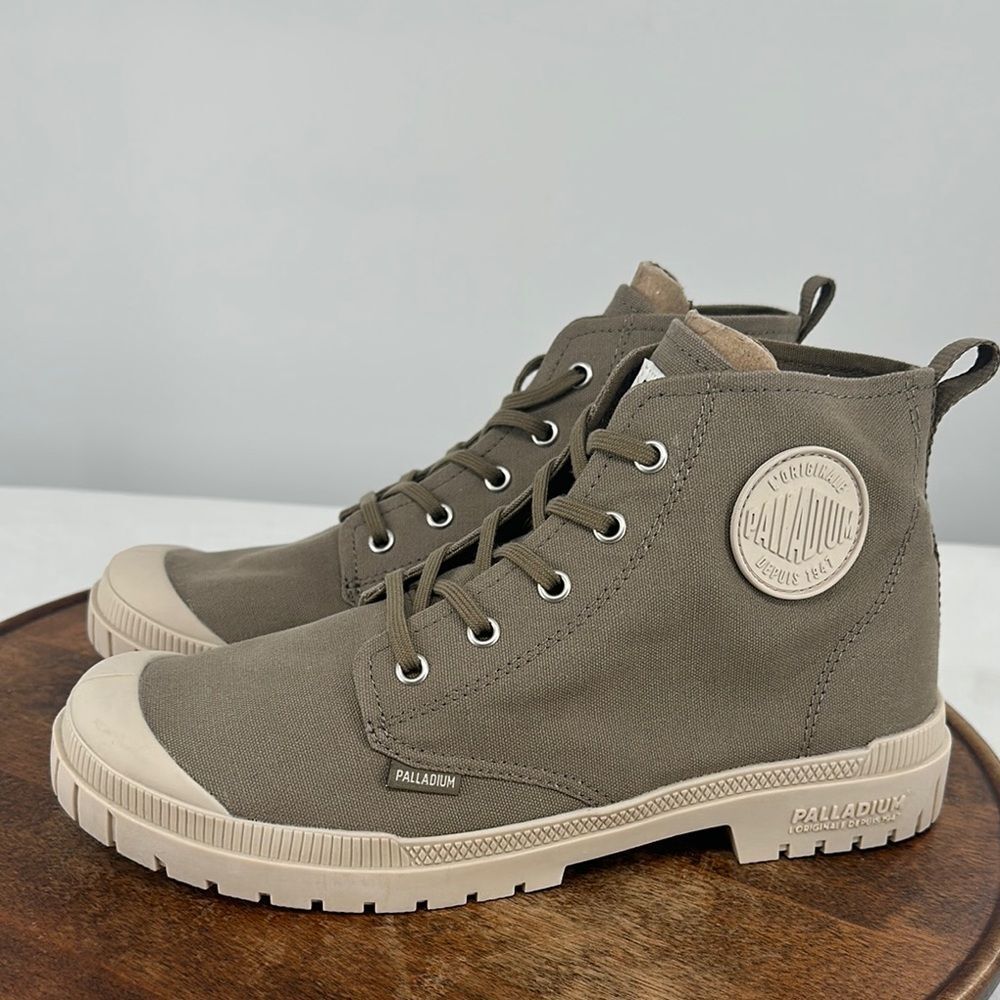 Palladium Olive Green Canvas High-Top Sneakers with Cream Soles